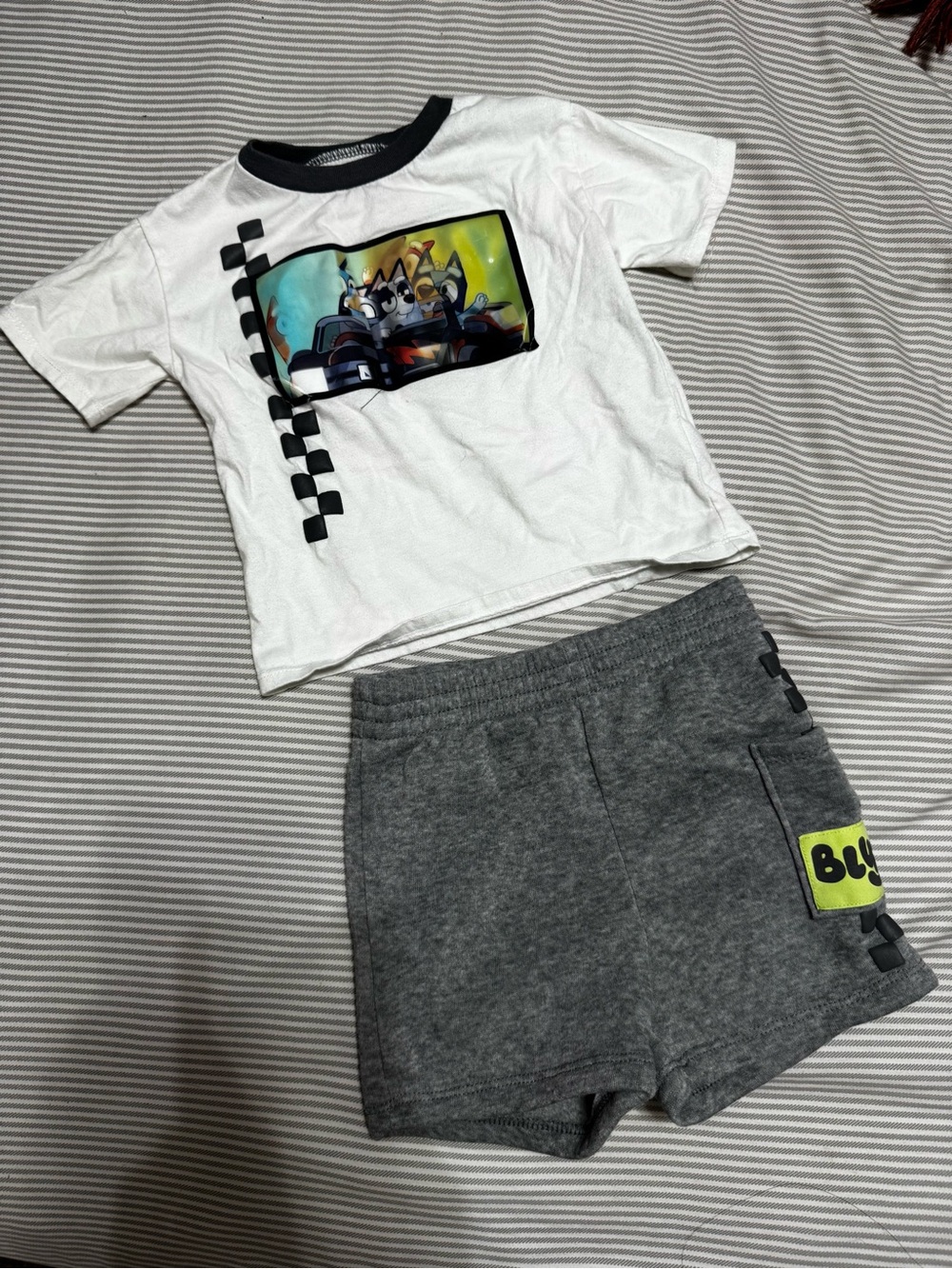 Kids Racing Graphic Tee and Gray Shorts Matching Set - White & Gray